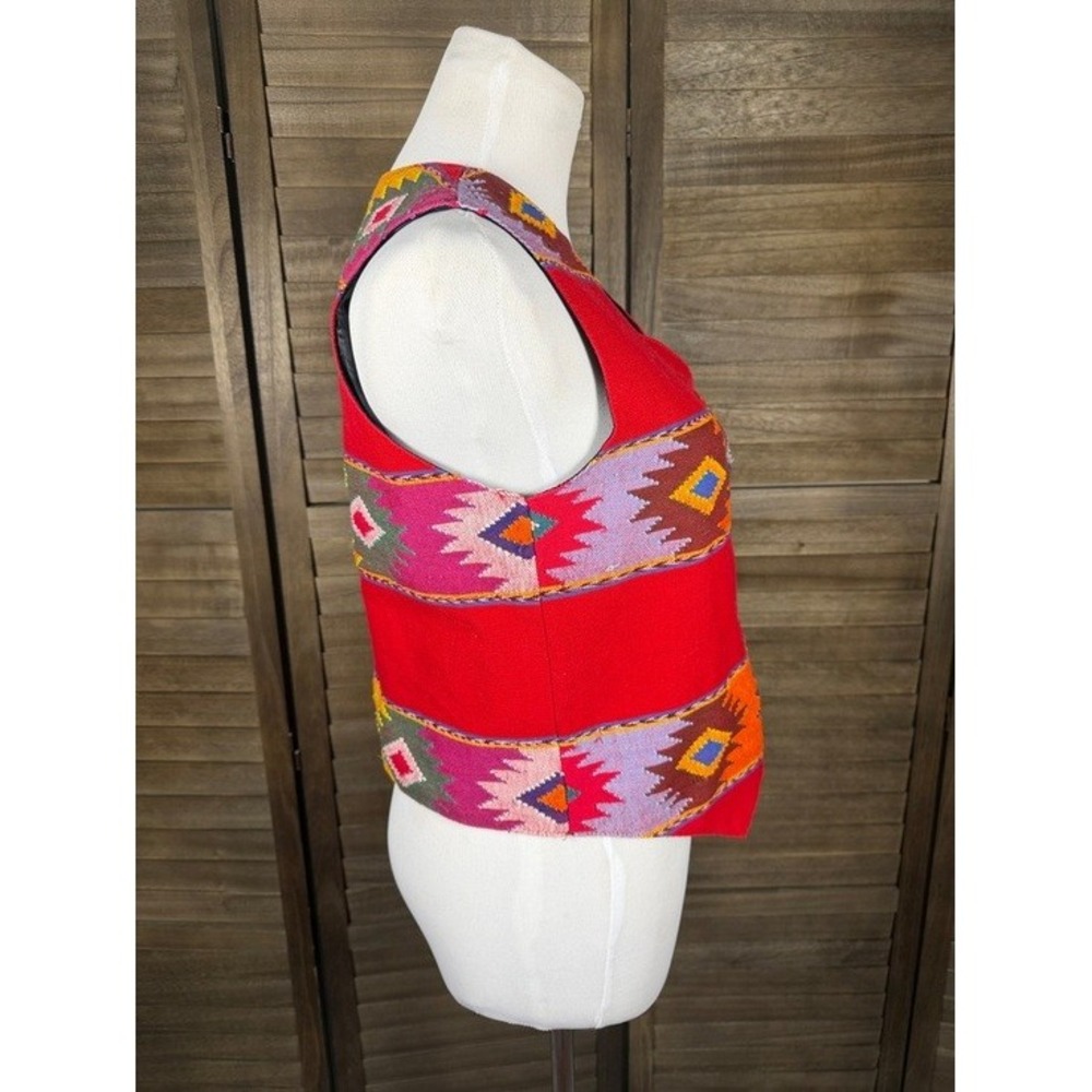 Orvis Women Red Southwestern Geometric Cotton Button Front Vest Size S Guatemala - Picture 7 of 10